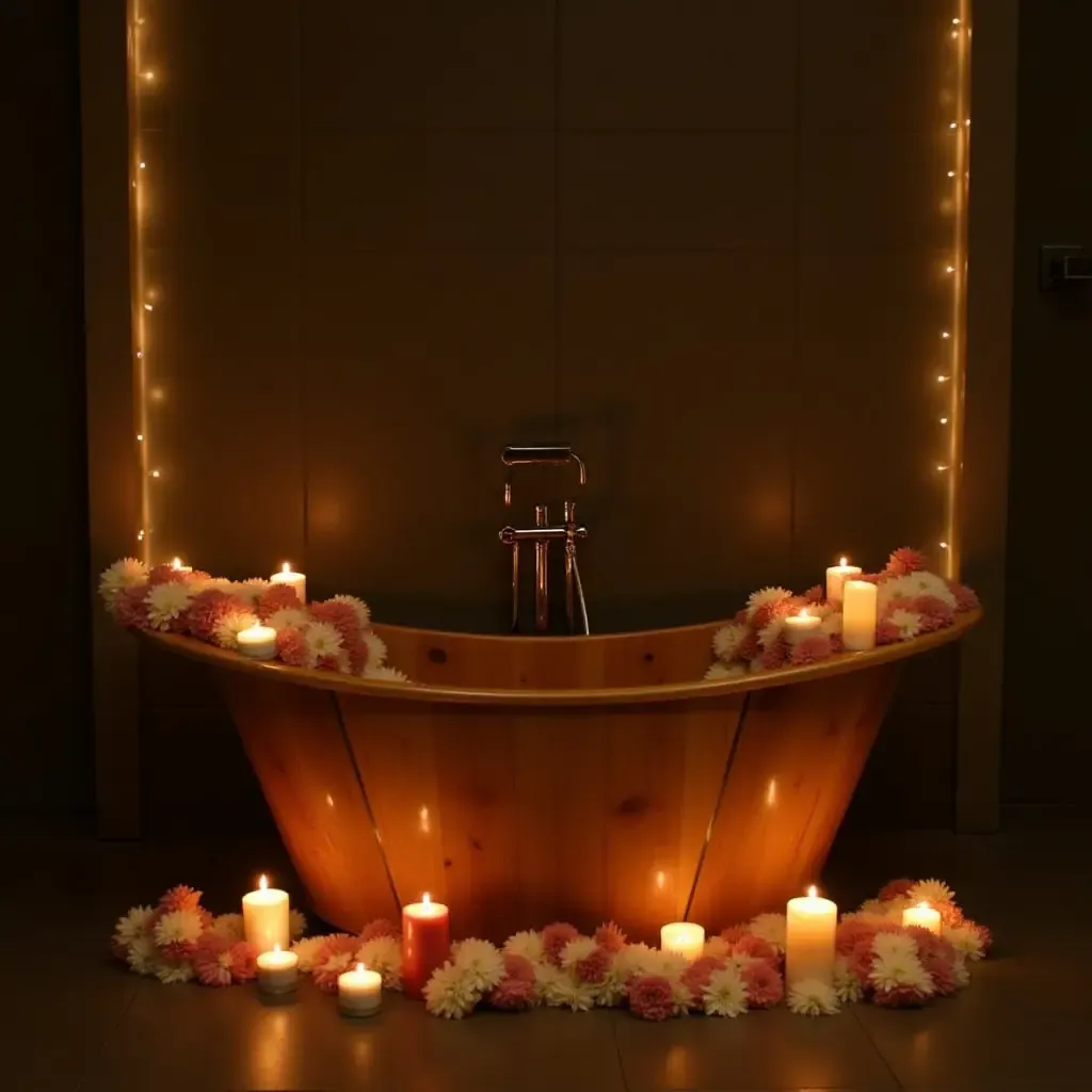 a photo of a wooden bathtub surrounded by candles and flowers