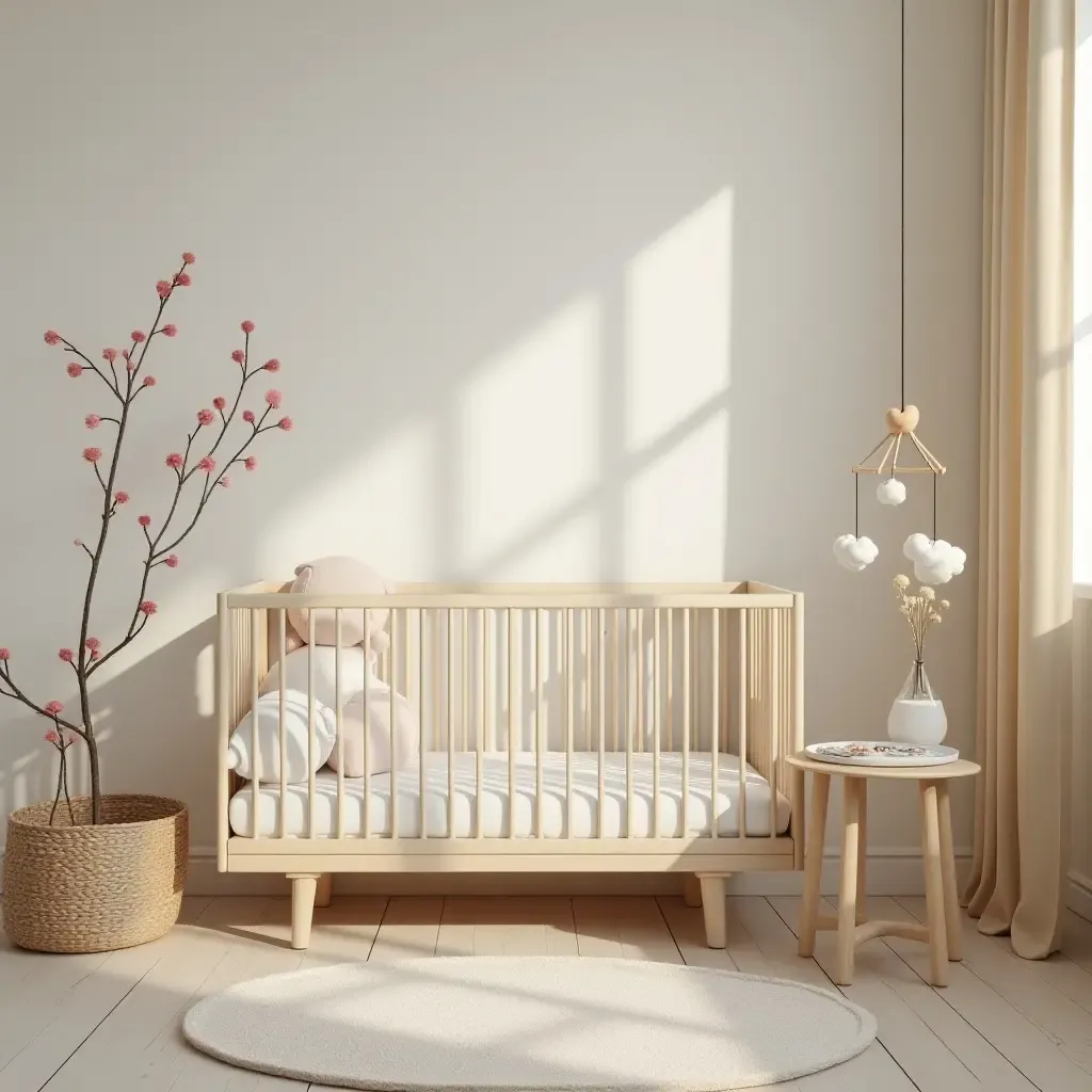 a photo of a serene nursery featuring a wooden mobile and calming colors