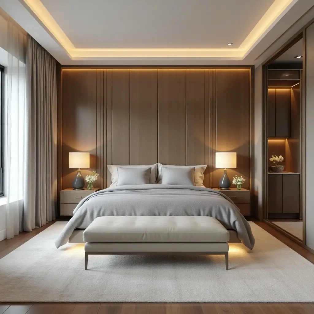 a photo of a spacious bedroom with a walk-in closet and elegant decor