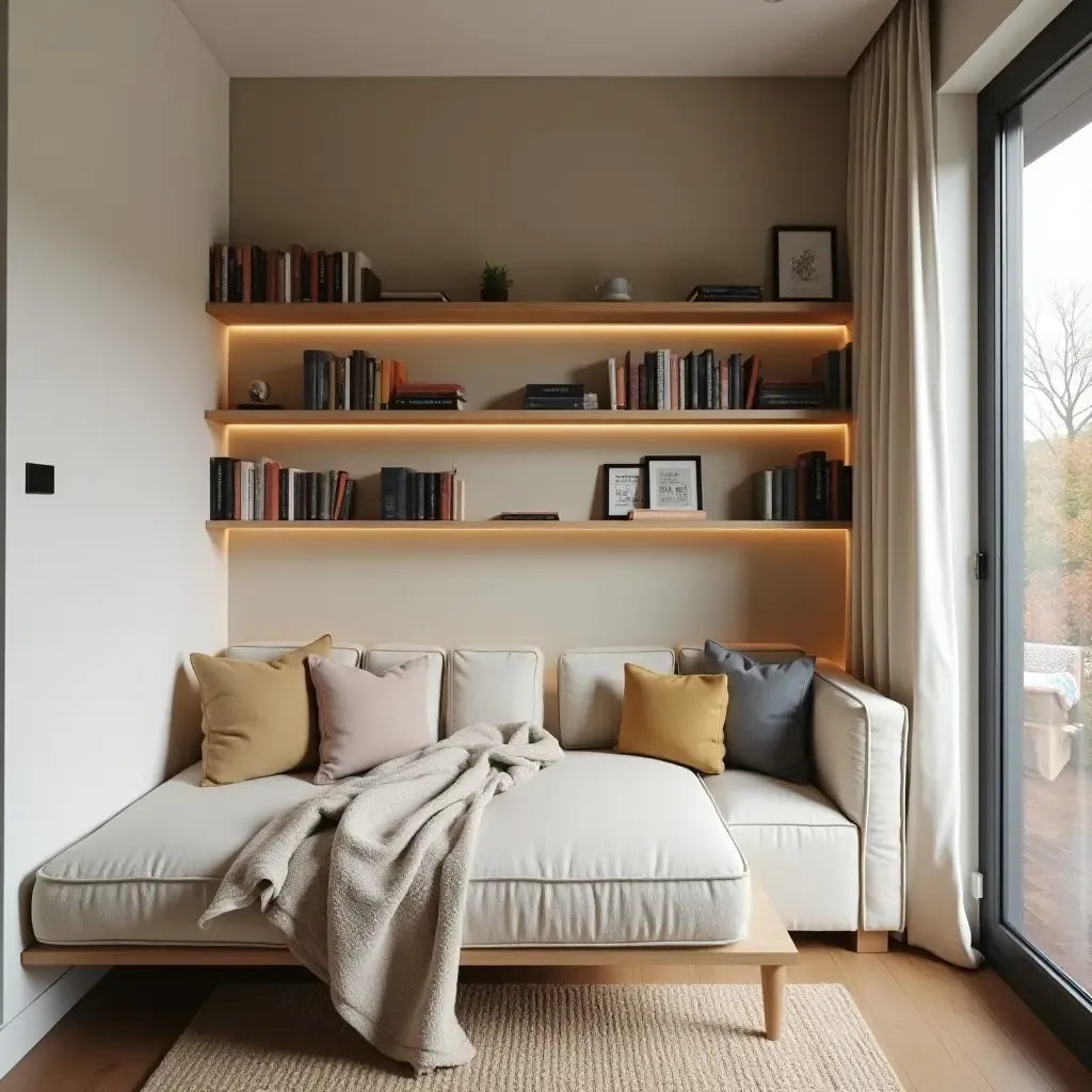 a photo of a cozy reading nook with floating shelves