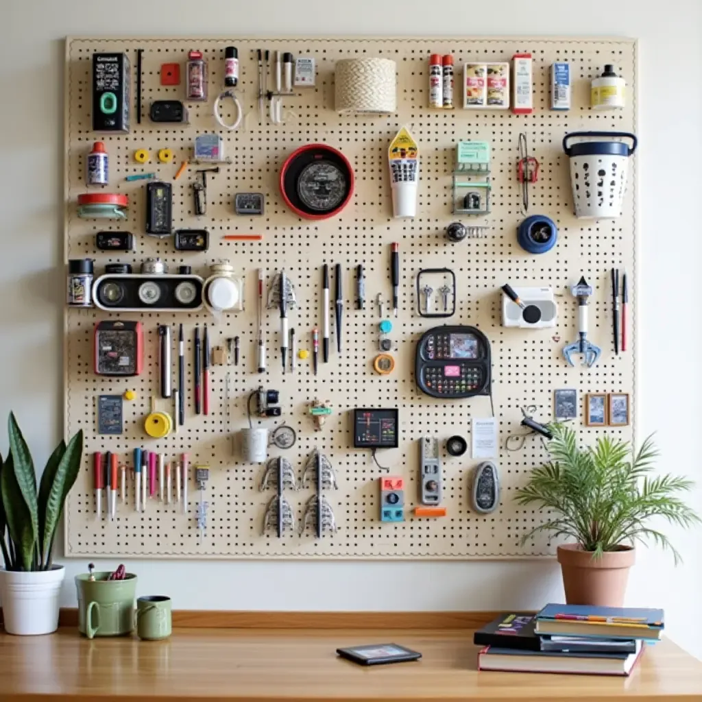 a photo of a colorful pegboard wall for organizing art supplies and accessories