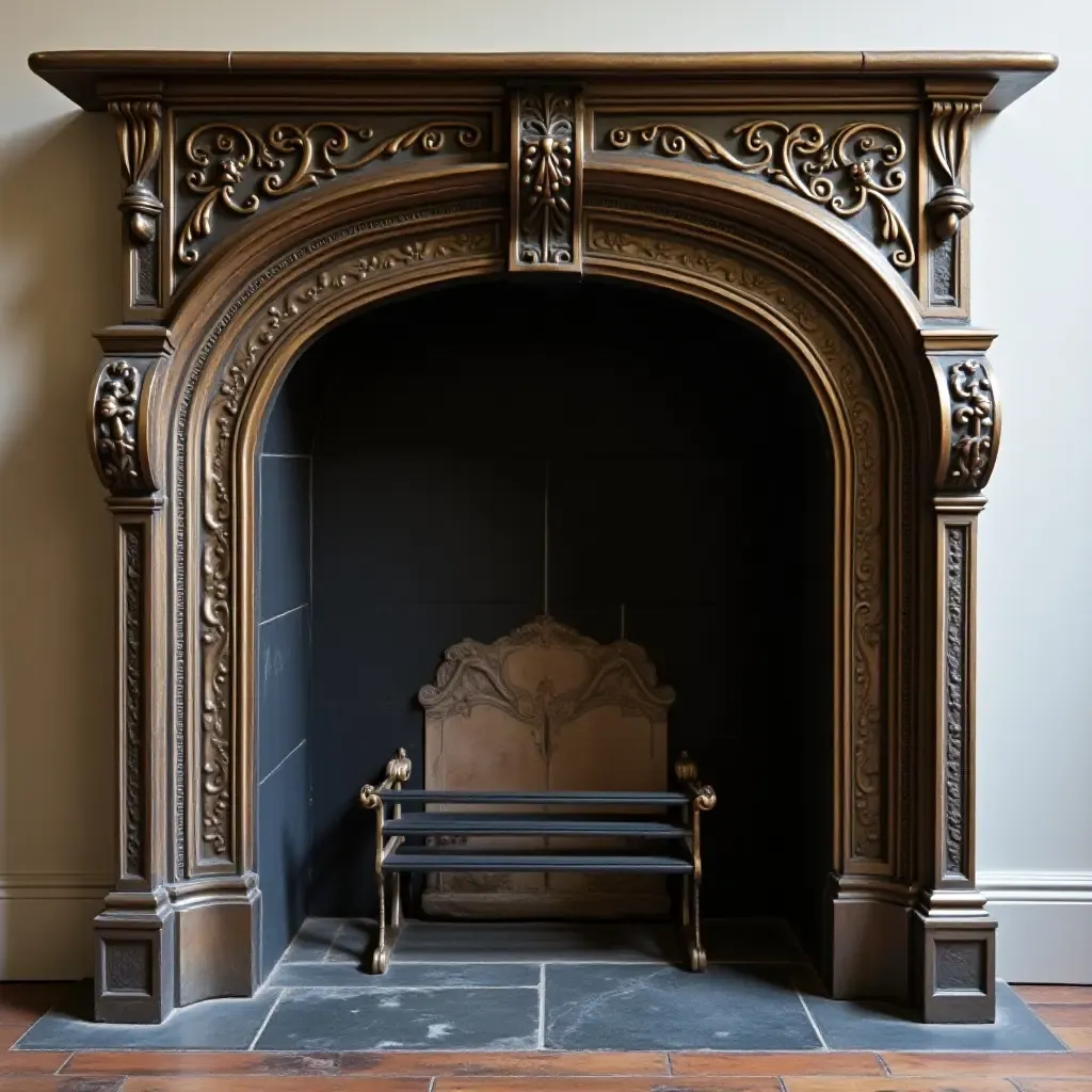 a photo of a fireplace surround with intricate metalwork detailing