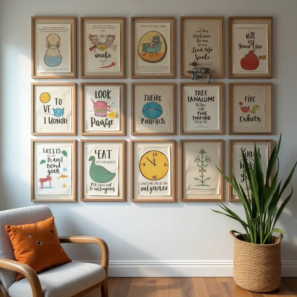 a photo of a gallery wall filled with motivational posters for kids