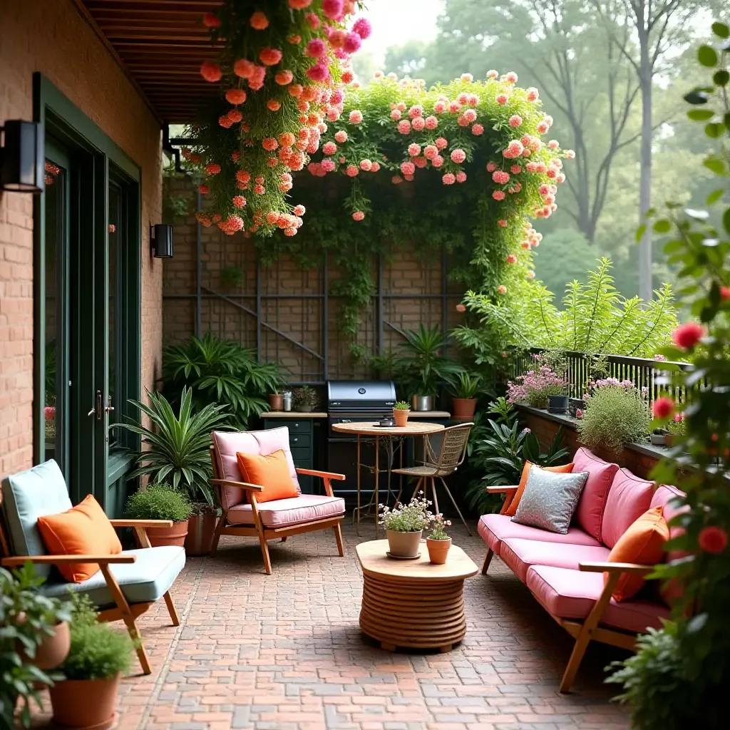 a photo of a vibrant balcony garden with comfortable seating and floral decor