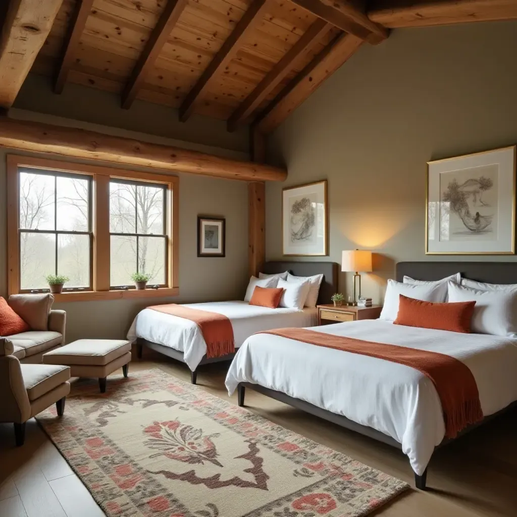 a photo of a shared bedroom featuring a cozy loft and a shared lounge area