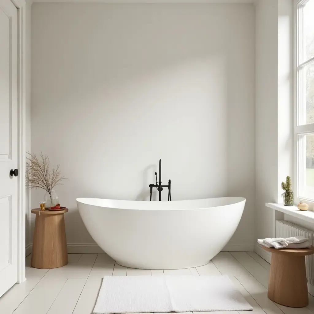 a photo of a minimalist farmhouse bathroom with neutral colors and natural textures