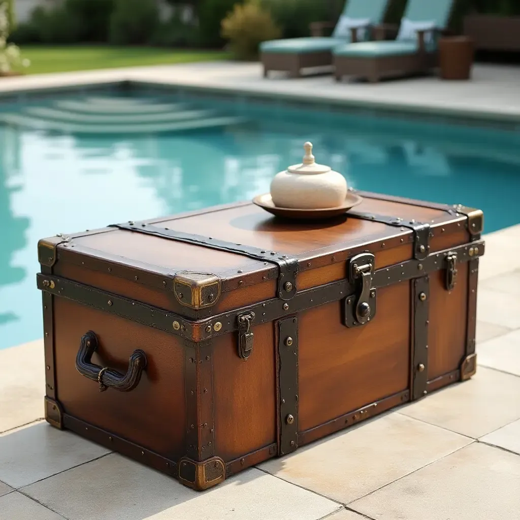 a photo of an antique trunk used as a poolside coffee table