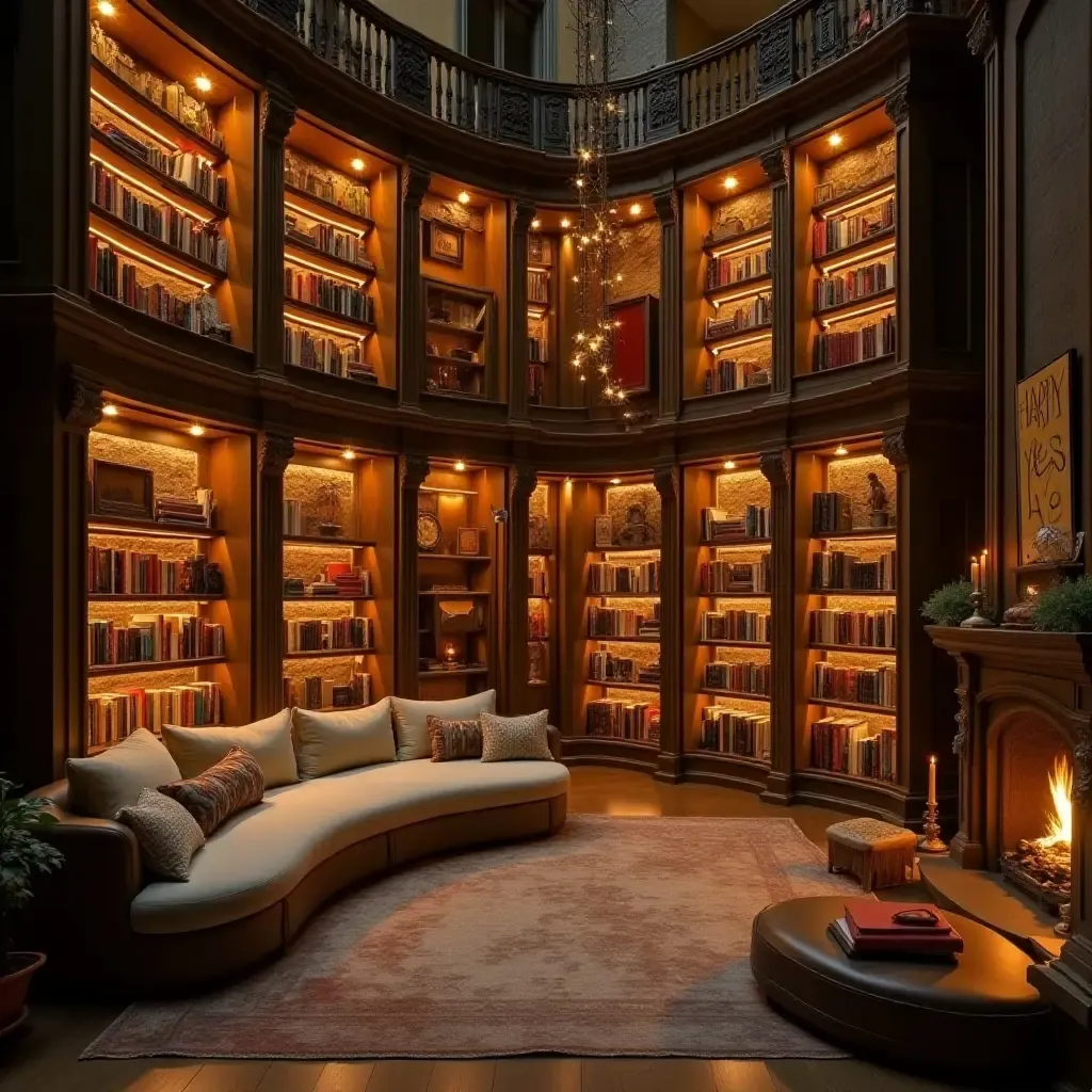 a photo of a whimsical library with floating shelves and fairy lights