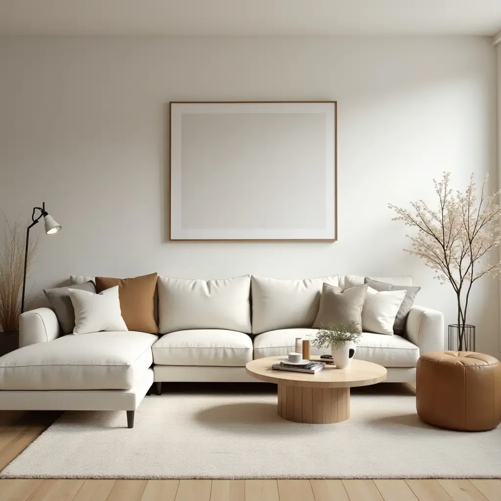 a photo of a Scandinavian-inspired living room with light wood and neutral colors