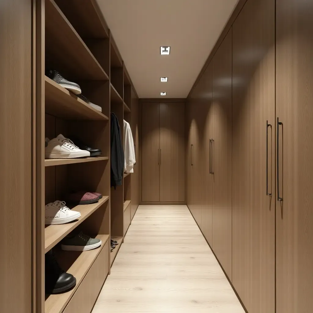 a photo of a narrow corridor featuring a shoe storage system