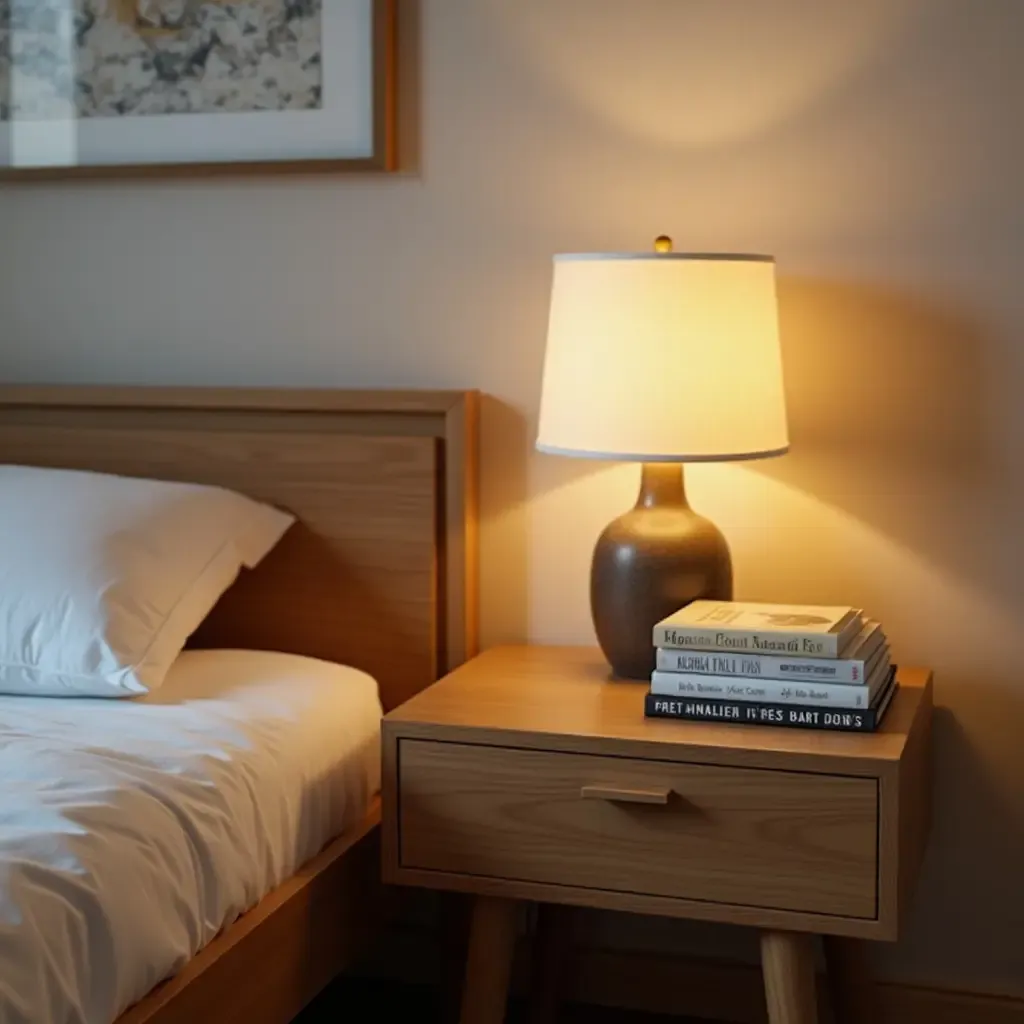 a photo of a wooden nightstand with a lamp and books