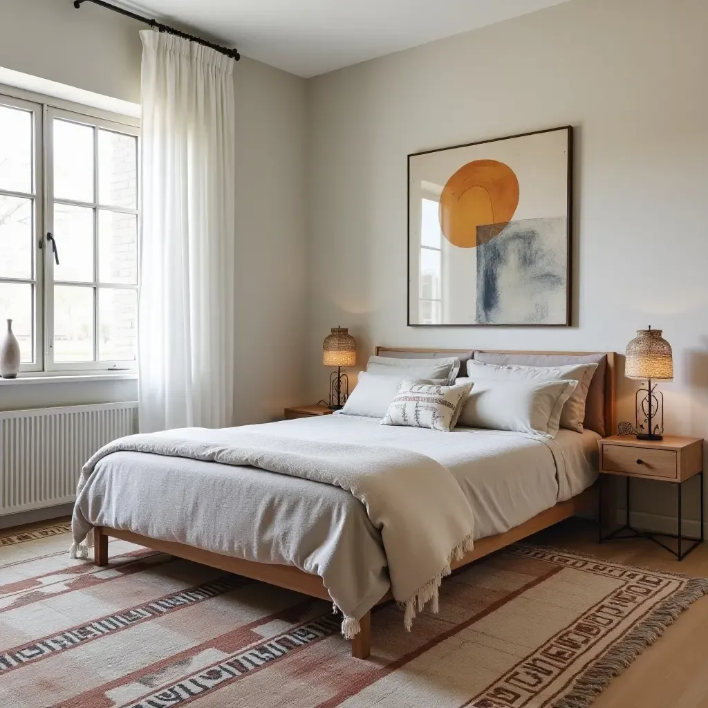 a photo of a fashionable bedroom with layered rugs and artistic wall decor