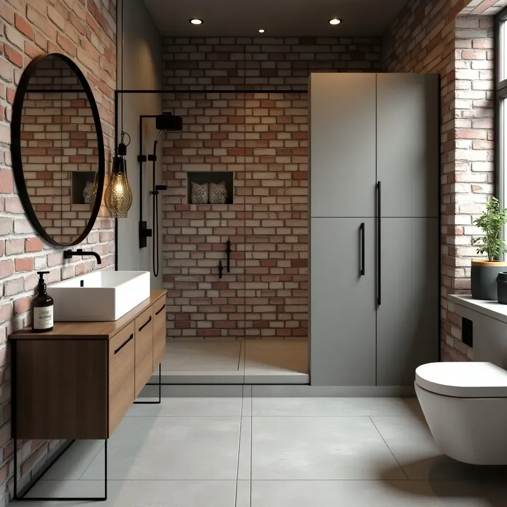 a photo of an industrial bathroom featuring exposed brick and cement tiles