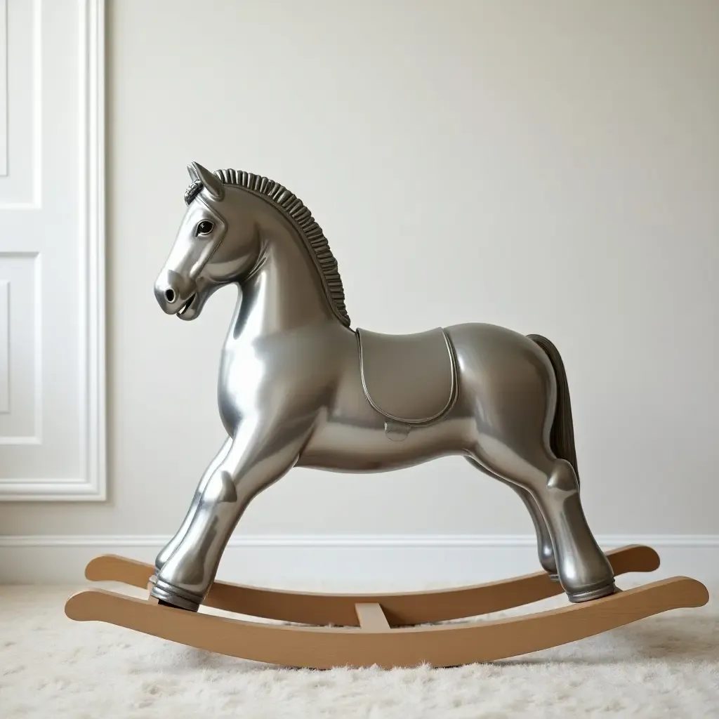 a photo of a nursery featuring a metallic silver rocking horse