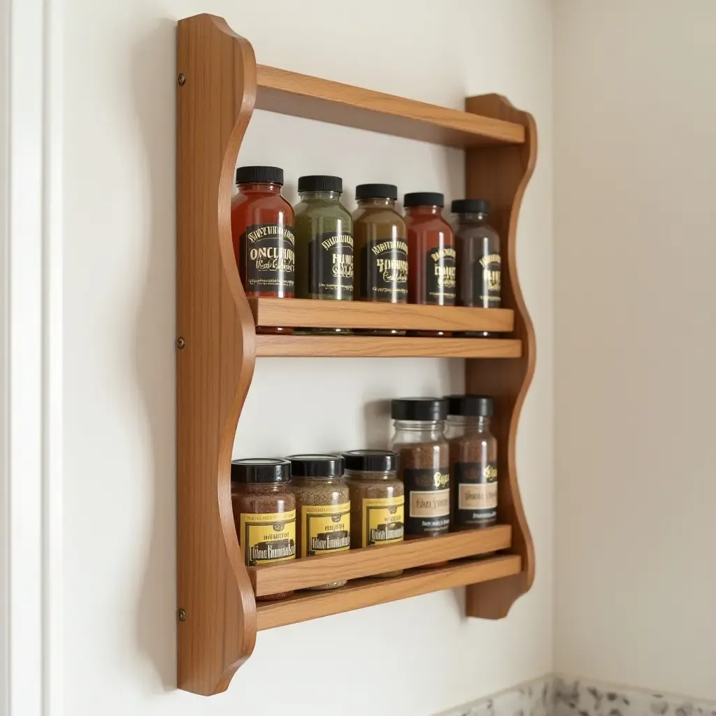 a photo of a wooden spice rack mounted on a wall