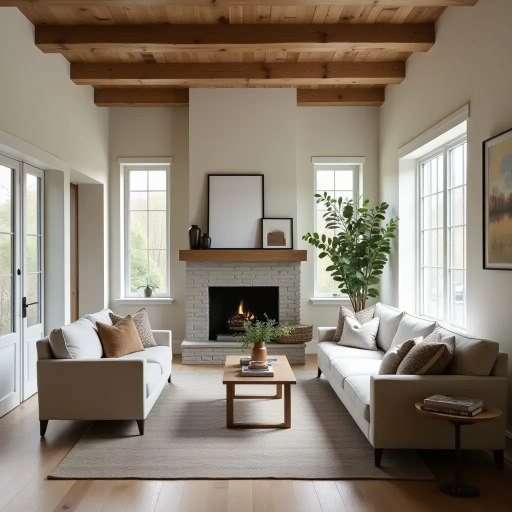 a photo of a farmhouse living room with a mix of light and dark wood tones