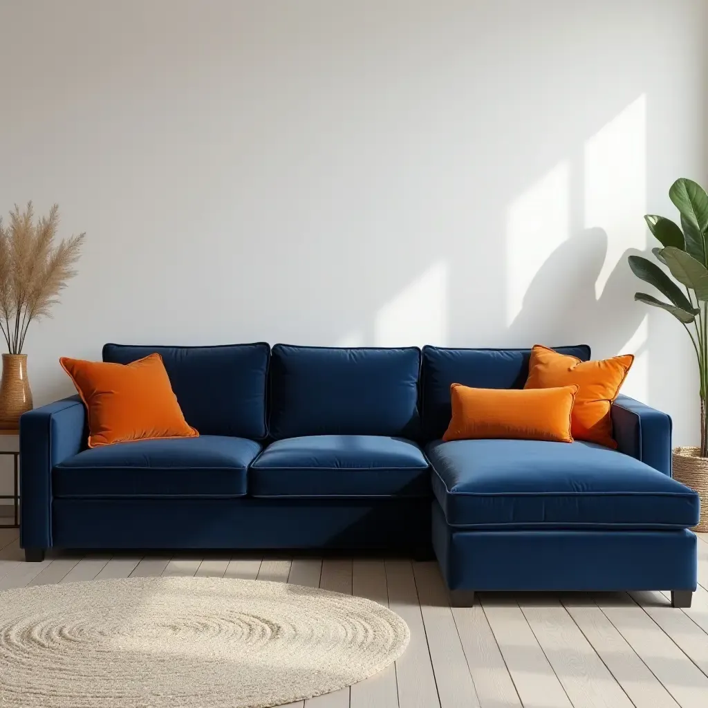 a photo of a modern navy sectional sofa with orange throw pillows