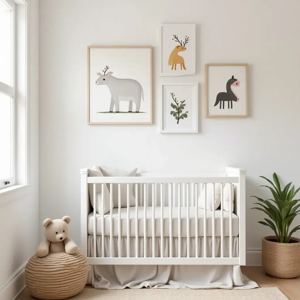 a photo of a nursery adorned with whimsical art prints and handmade crafts