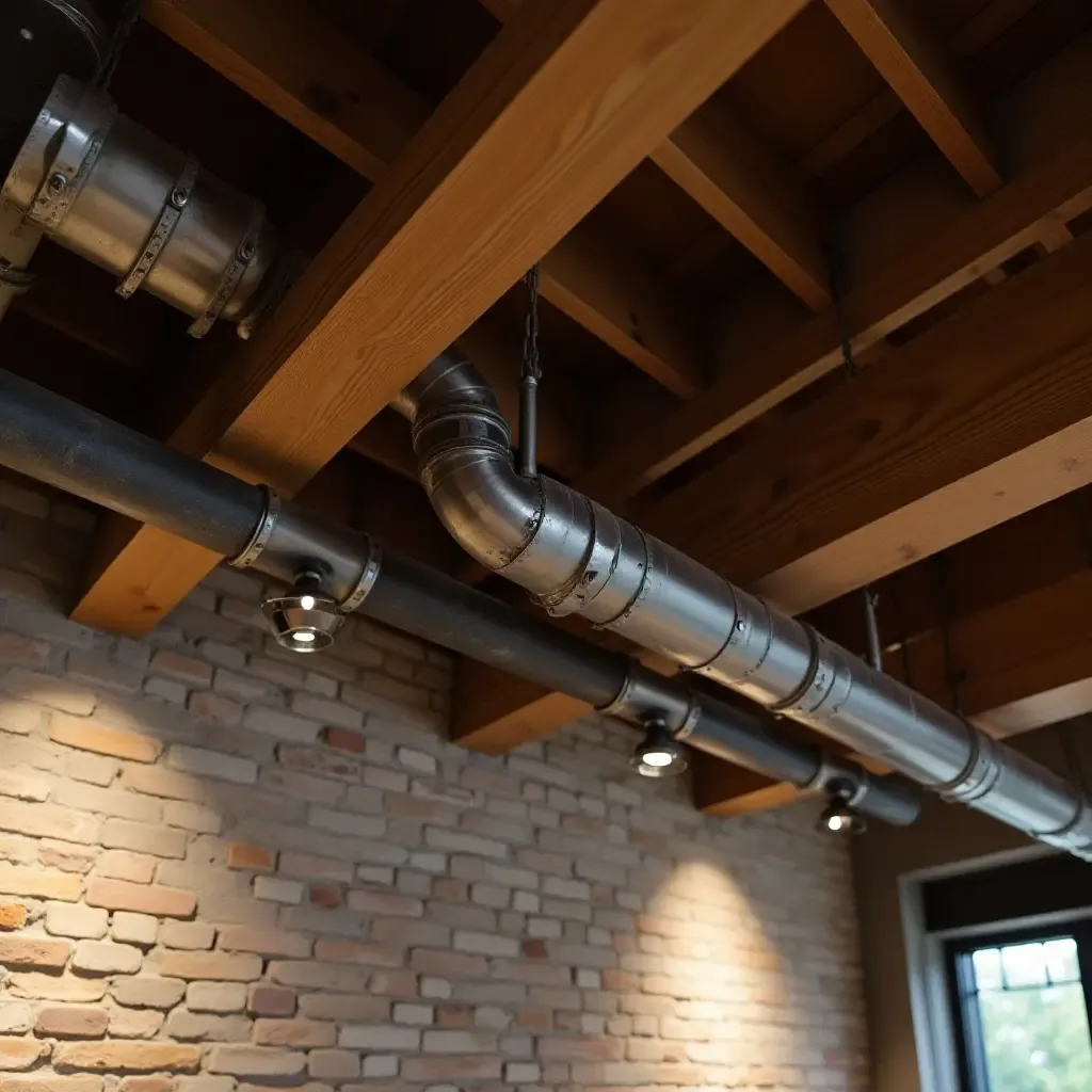 a photo of industrial pipes and wood beams as basement ceiling decor