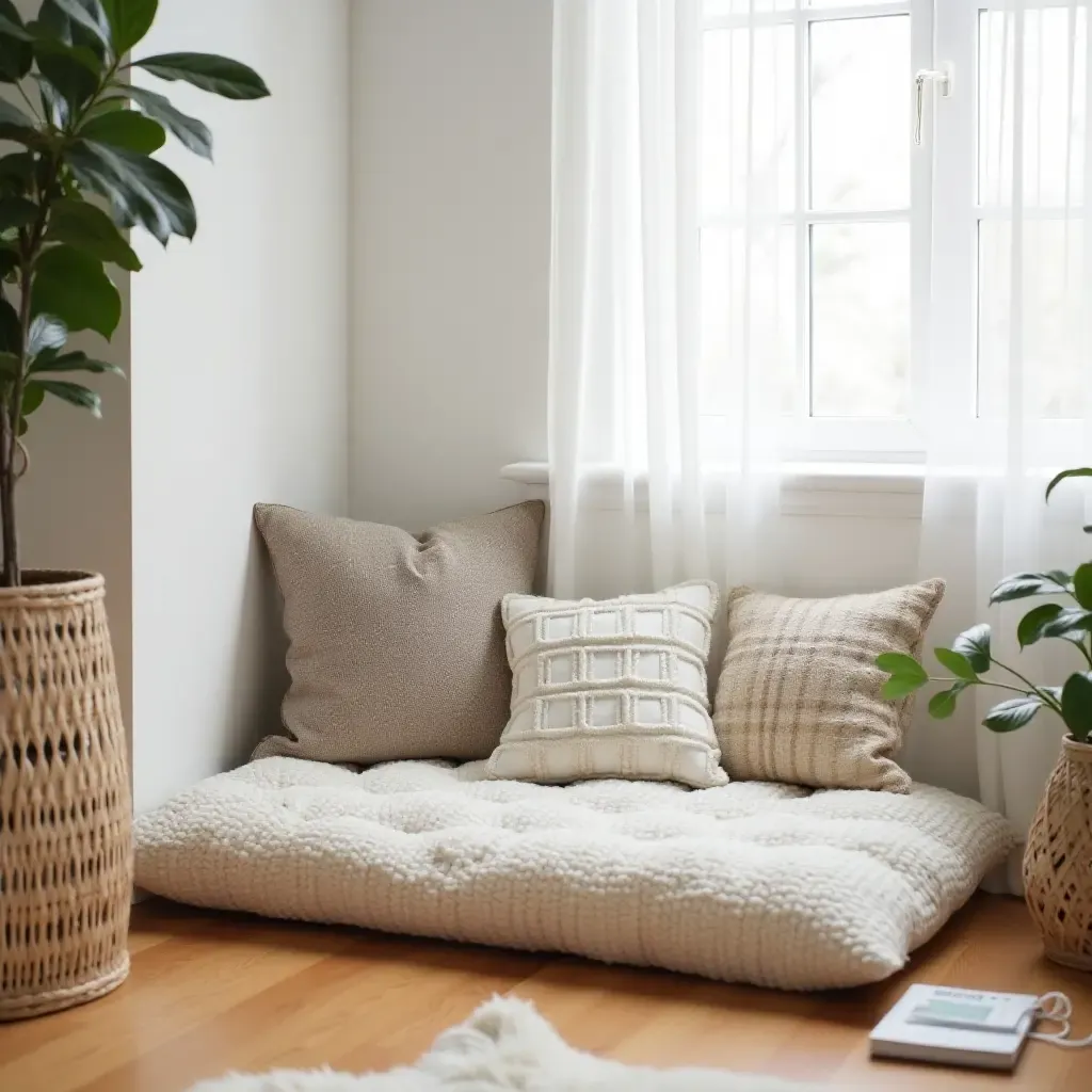 a photo of a cozy corner with a DIY floor cushion and throw pillows