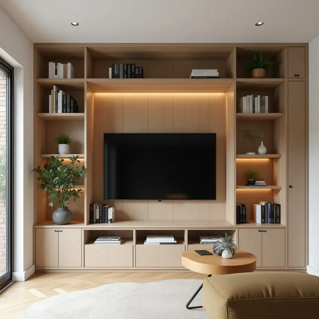 a photo of a small living room with a TV integrated into a bookshelf design