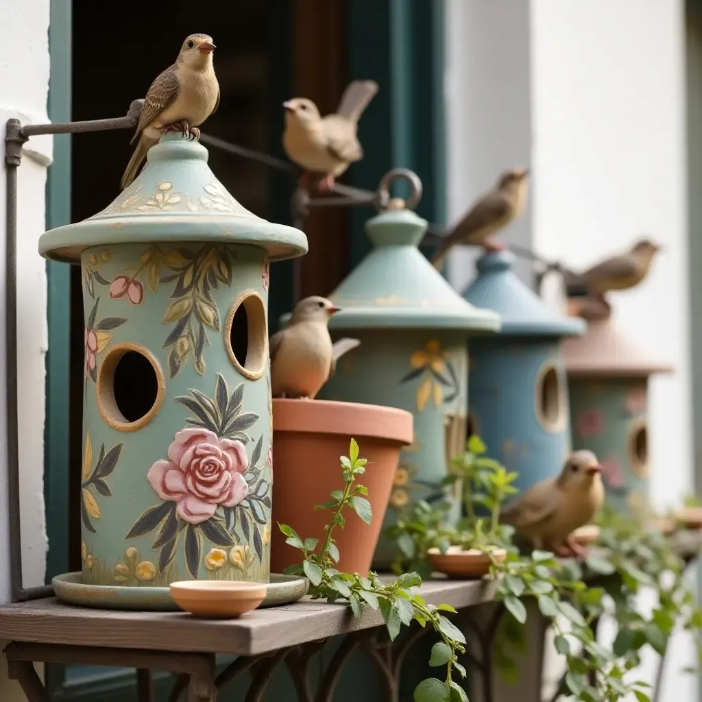 a photo of a balcony adorned with handmade ceramic bird feeders