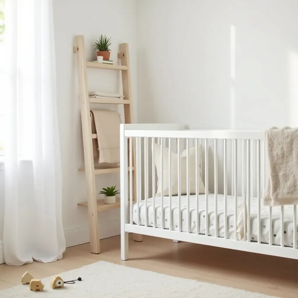 a photo of a nursery showcasing a decorative storage ladder