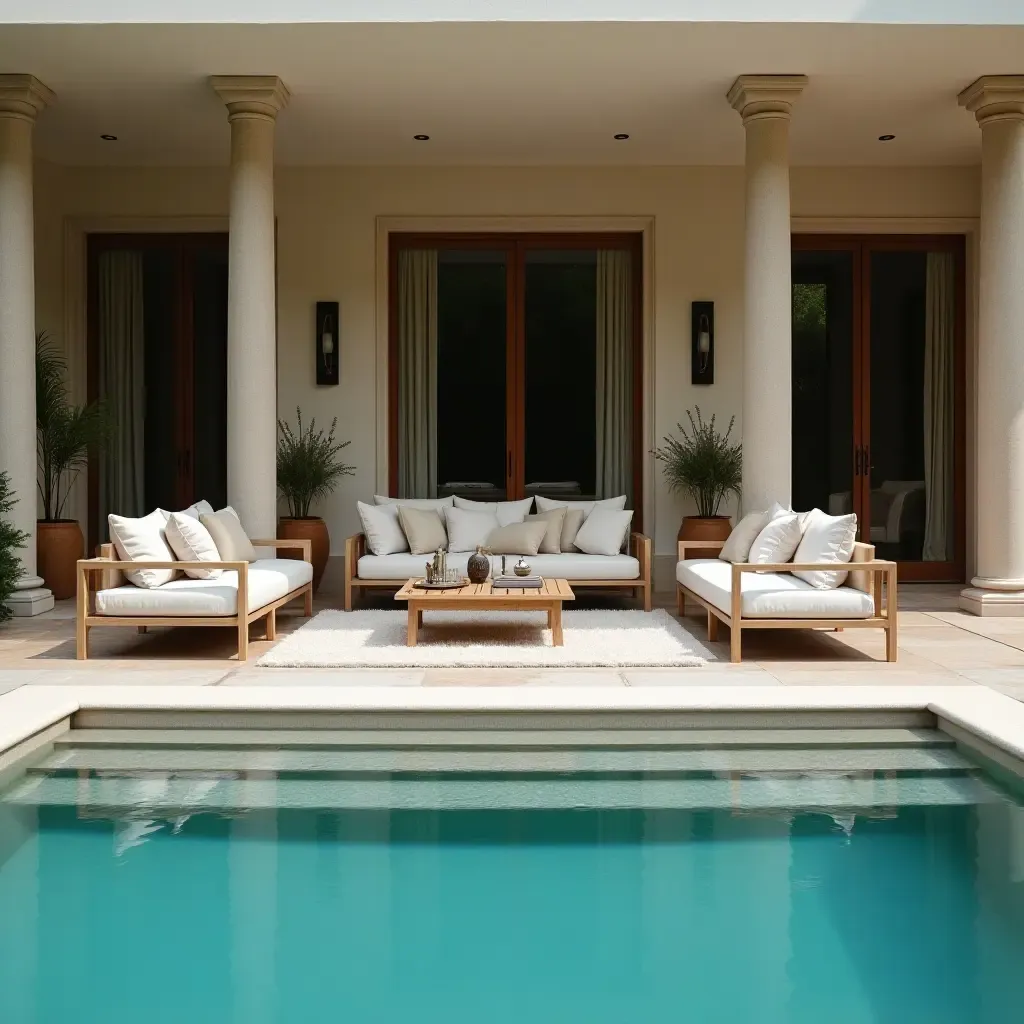 a photo of a luxurious lounge area by the pool with plush sofas