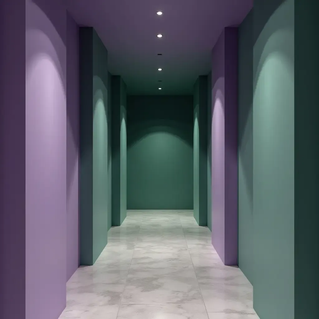 a photo of a lavender and forest green hallway