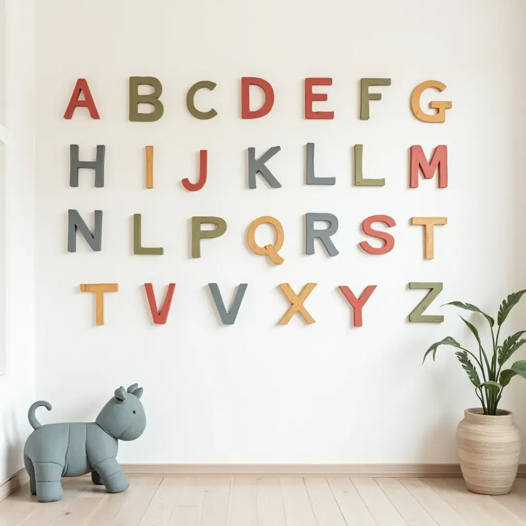 a photo of a gallery wall featuring a colorful alphabet display