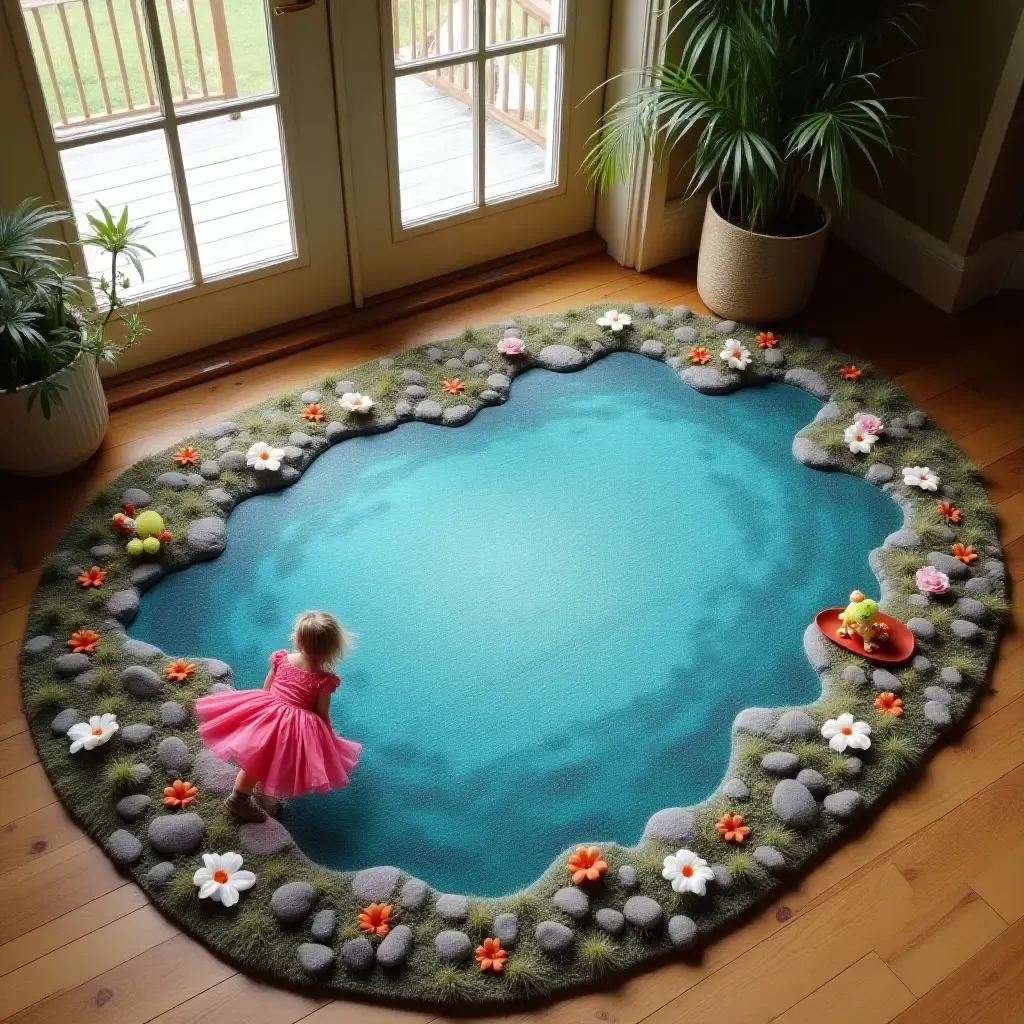 a photo of a whimsical fairy tale themed rug near the water