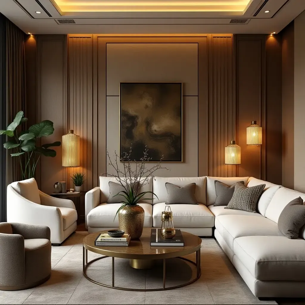 a photo of a glamorous living room with shiny metallic accents throughout