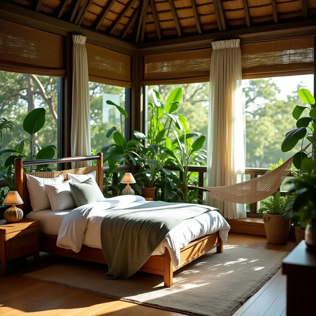 a photo of a unique bedroom with a hammock and tropical plants