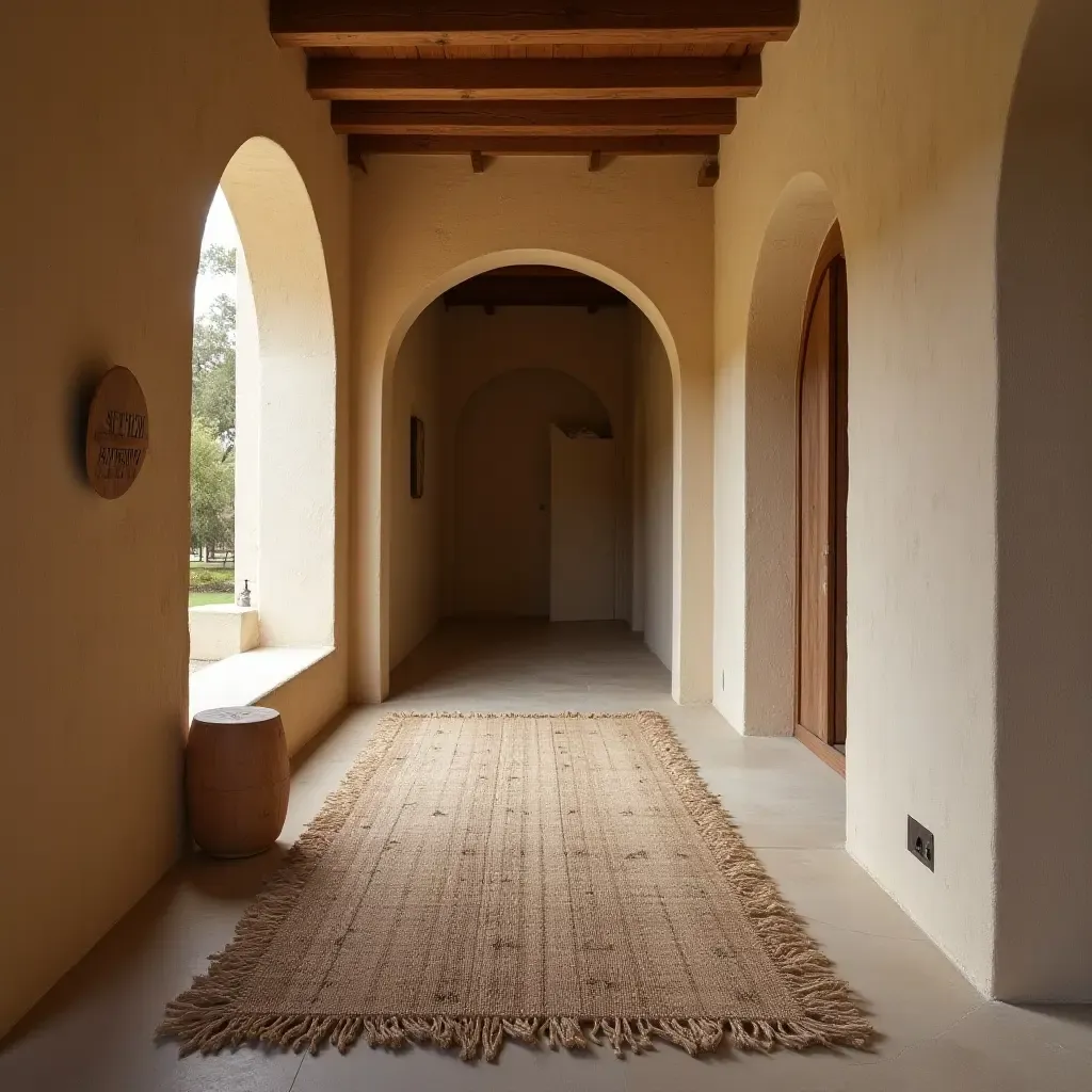 a photo of a rustic, natural fiber rug in an earthy corridor