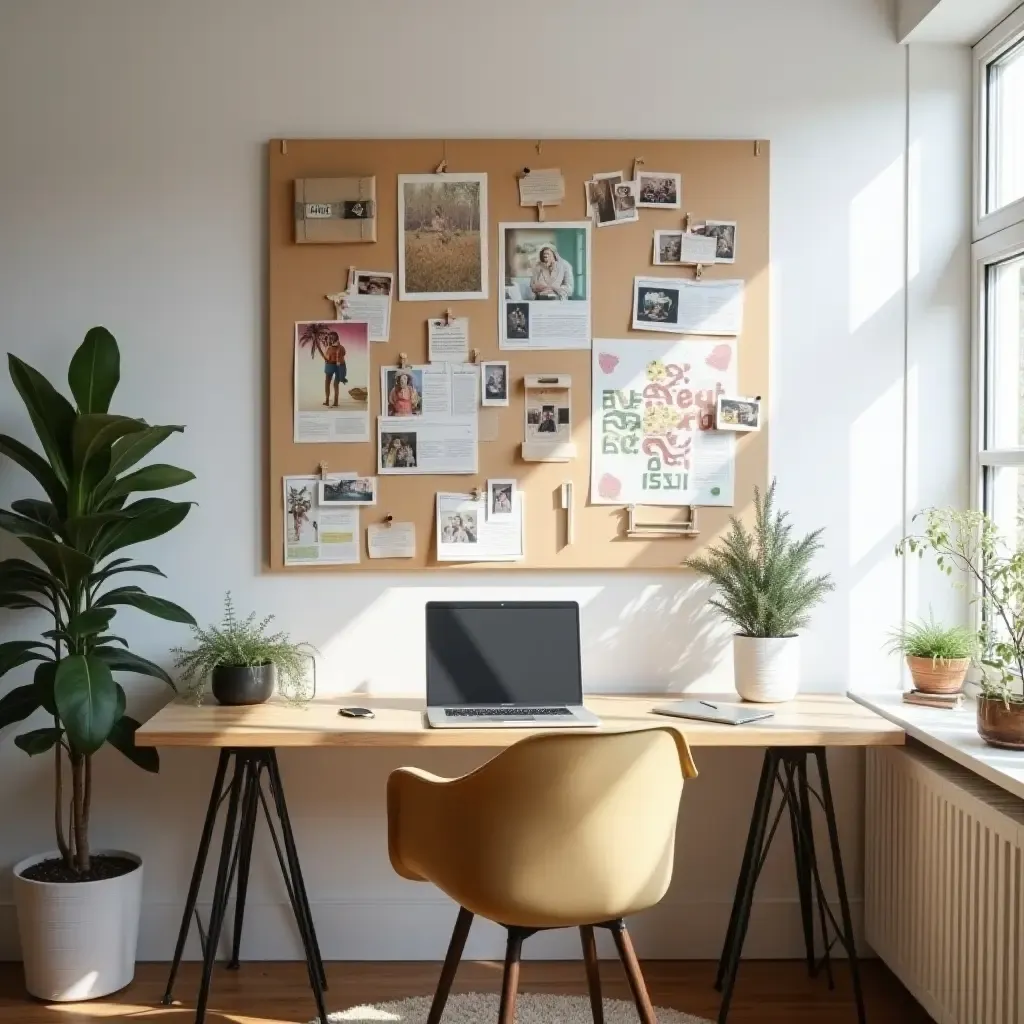 a photo of a creative workspace with an inspiring vision board on the wall