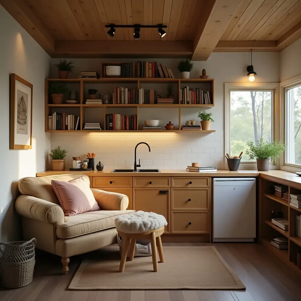 a photo of a kitchen with a cozy reading nook and soft lighting