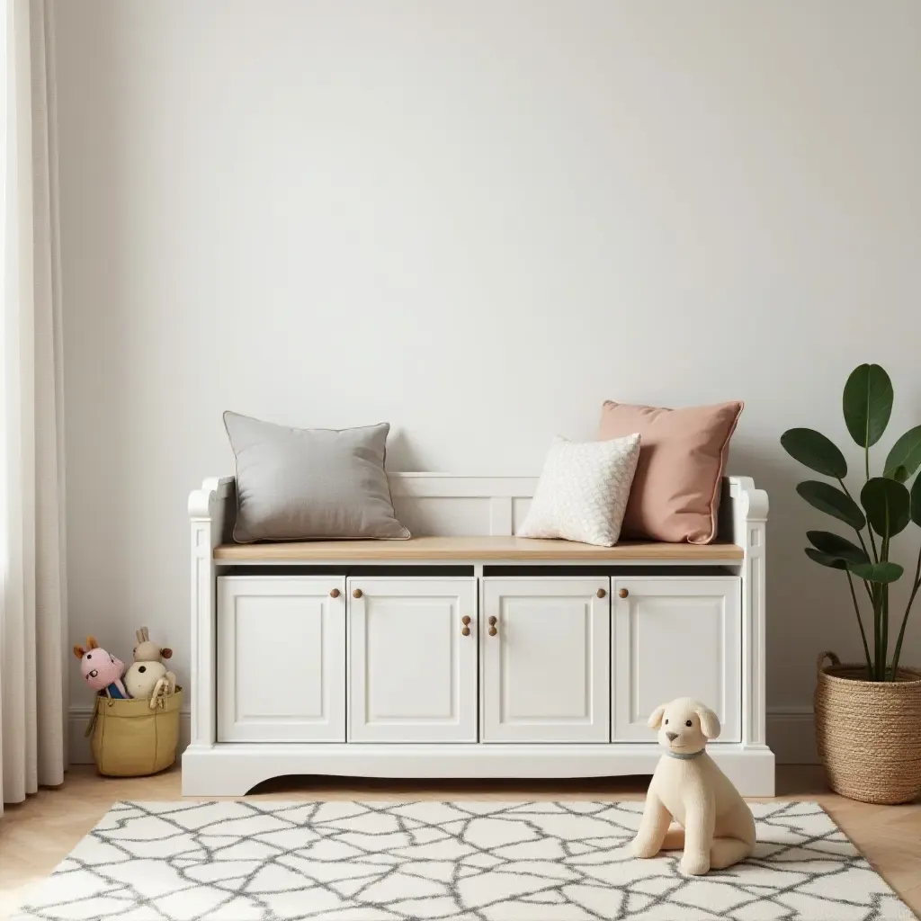 a photo of a creative toy storage bench in a kids&#x27; bedroom