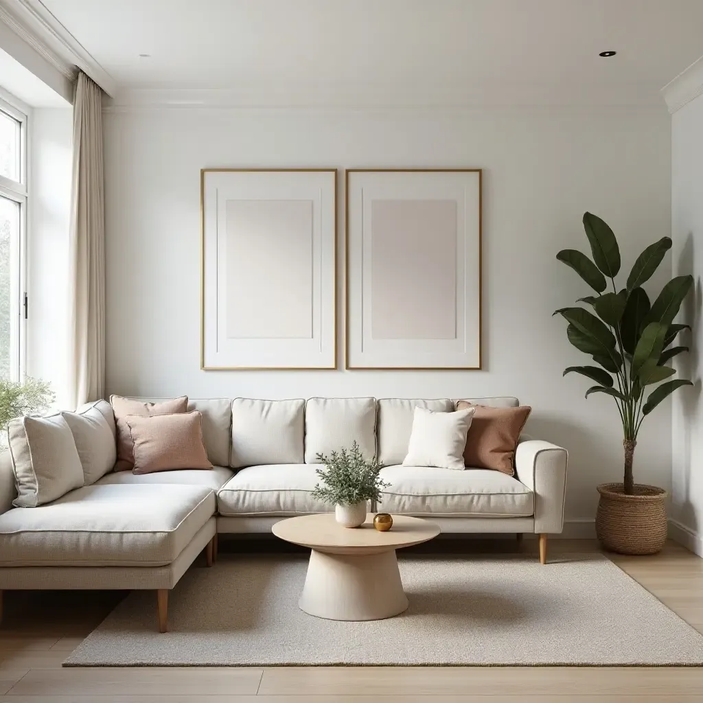 a photo of a cozy living room with metallic picture frames and decor