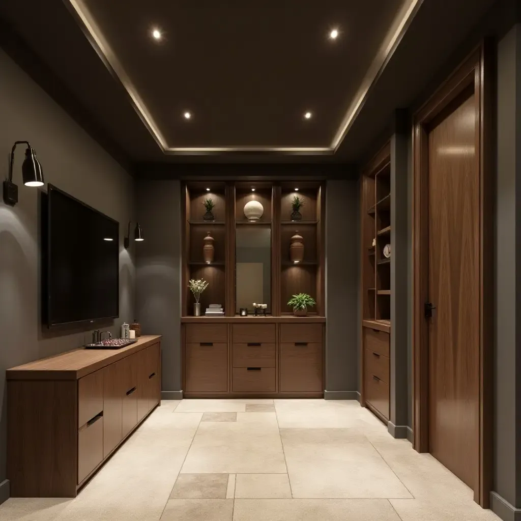 a photo of a sleek basement with hidden storage compartments