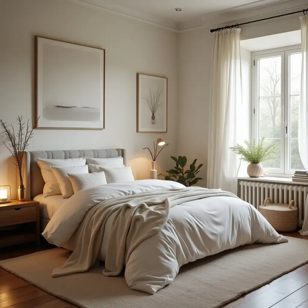 a photo of a serene bedroom with a reading nook and soft blankets