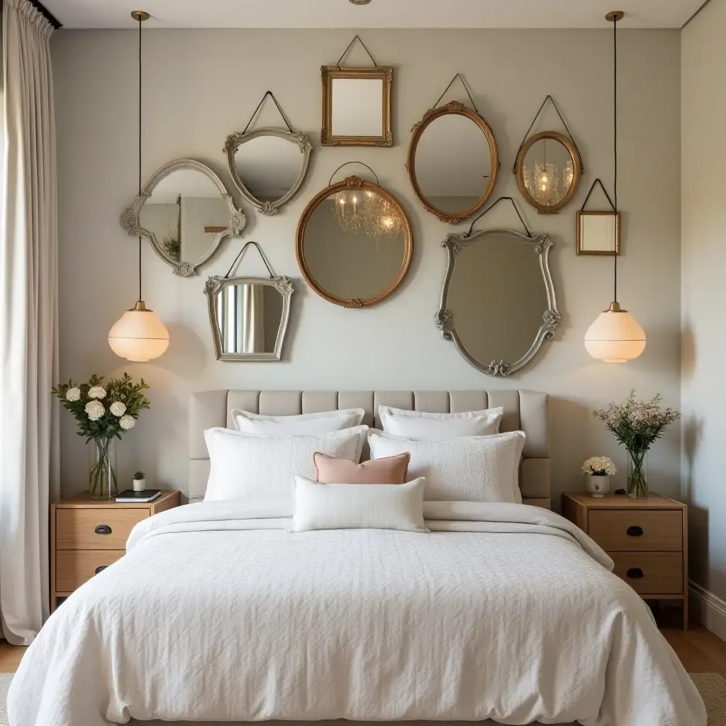 a photo of a whimsical bedroom with mirrors arranged artistically