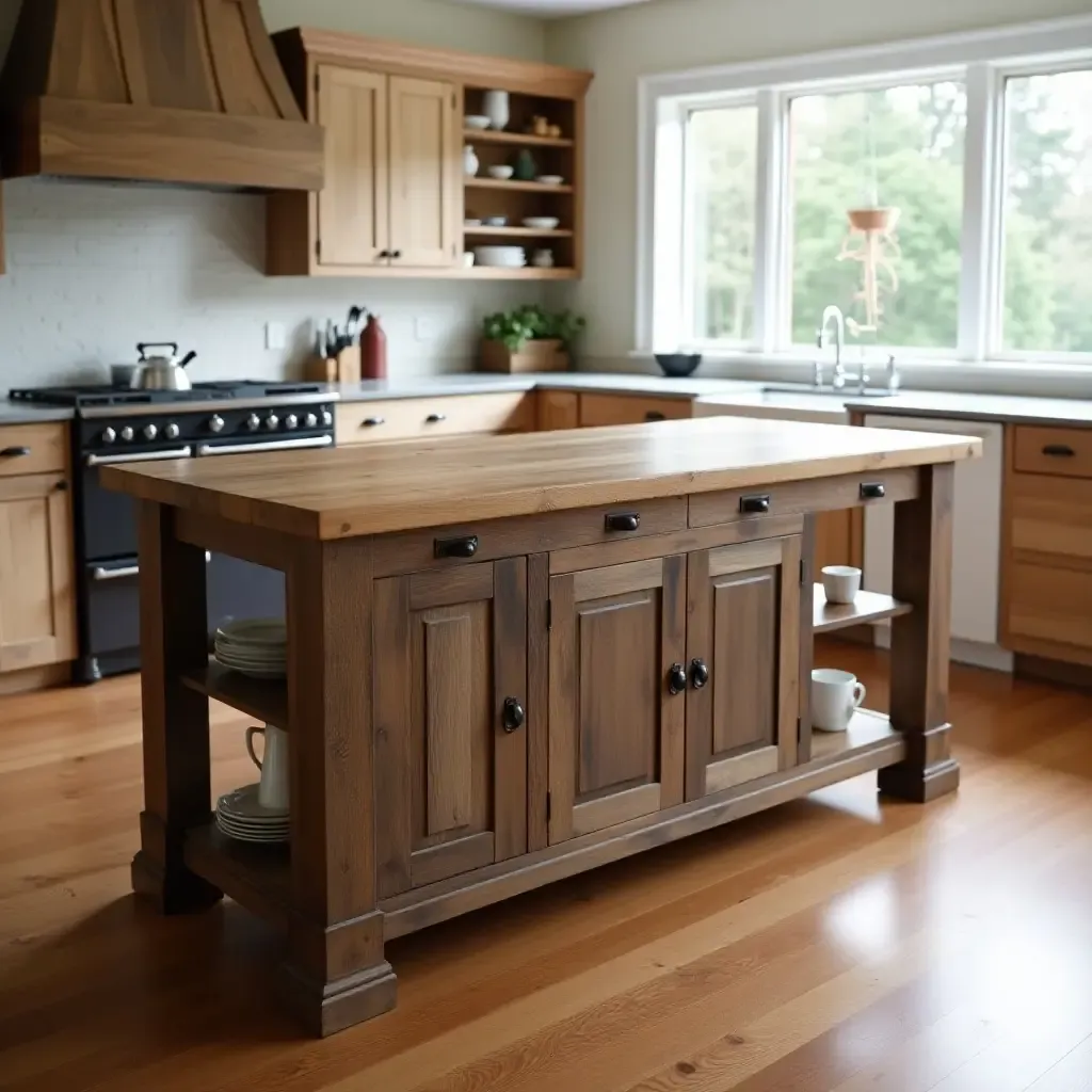 a photo of a rustic kitchen island with a butcher block top