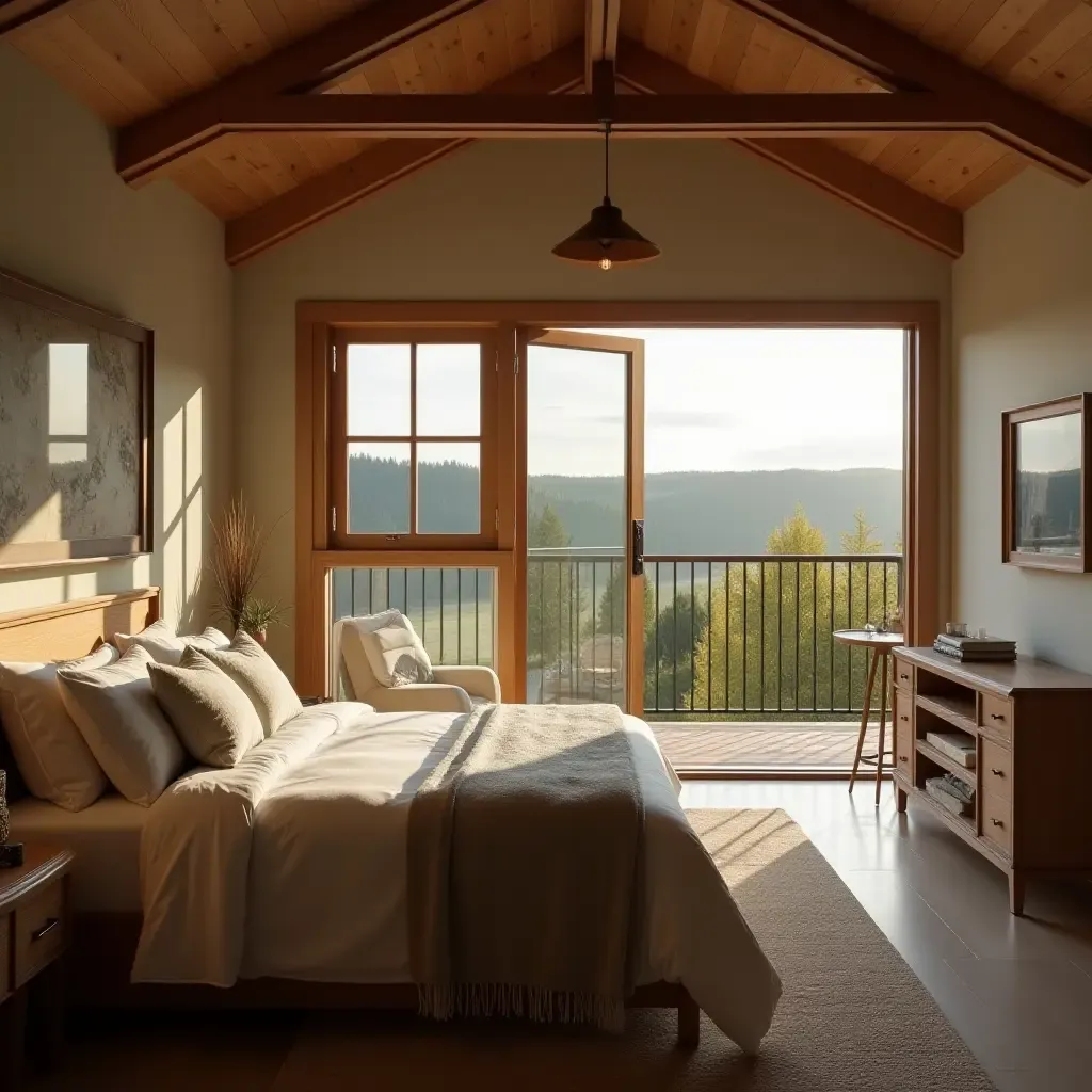 a photo of a farmhouse bedroom with a beautiful view and natural light