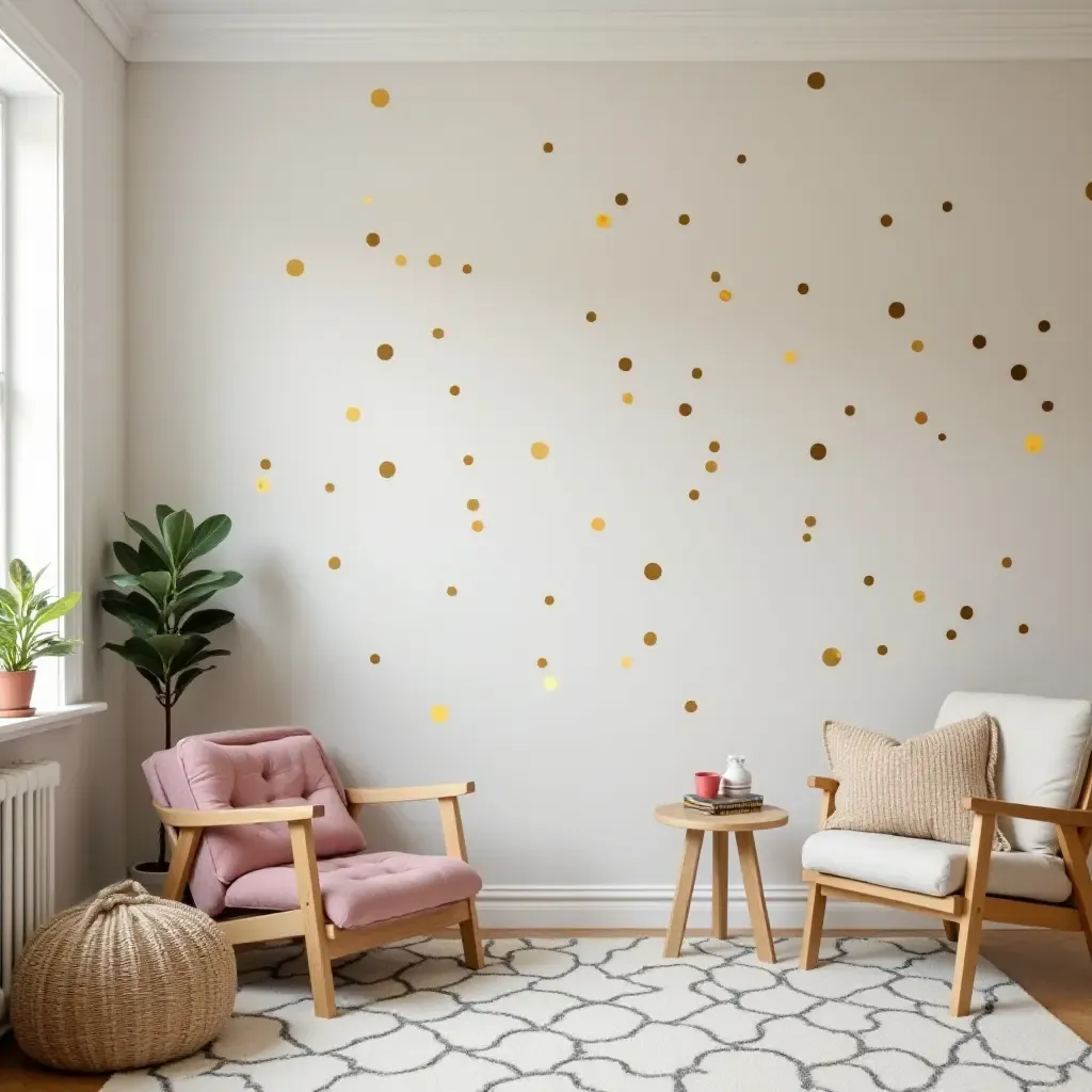 a photo of a trendy kids&#x27; space with metallic wall decals