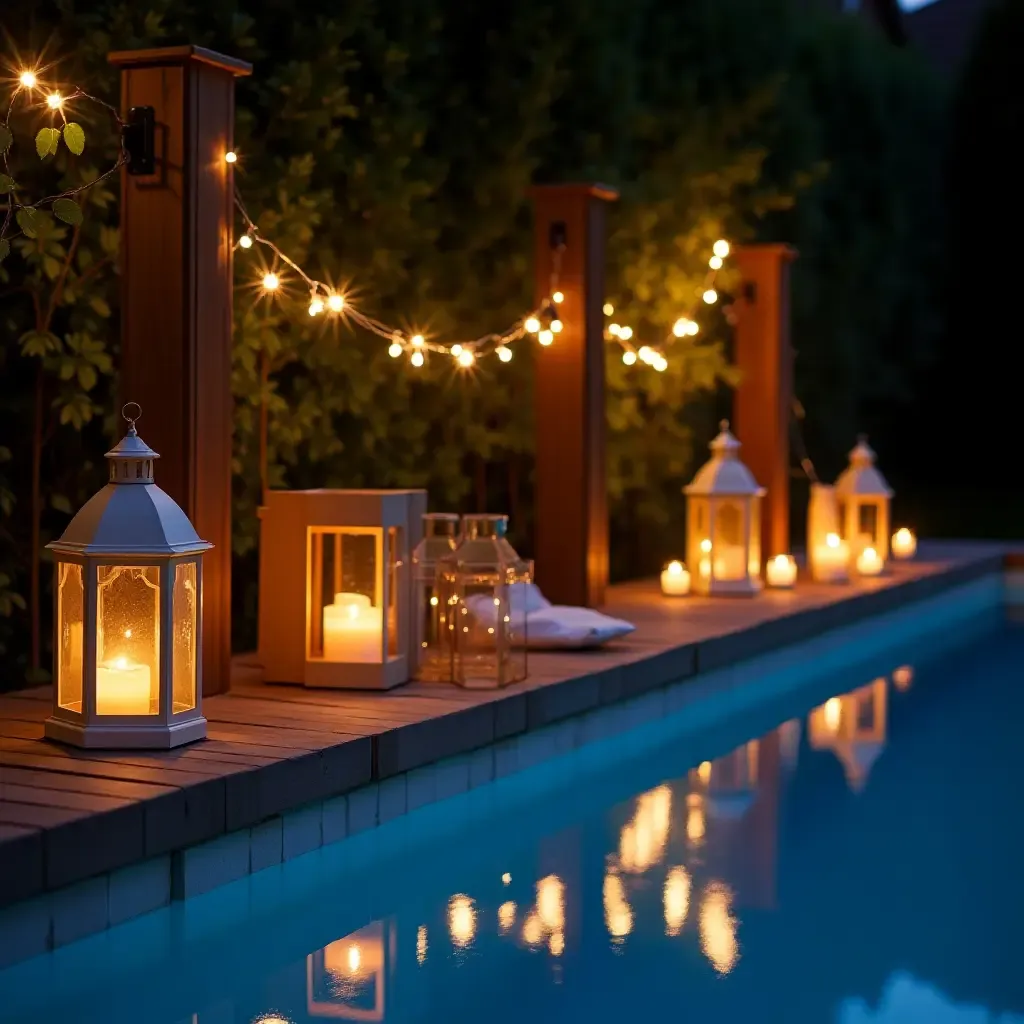 a photo of a charming poolside shelf with fairy lights and lanterns