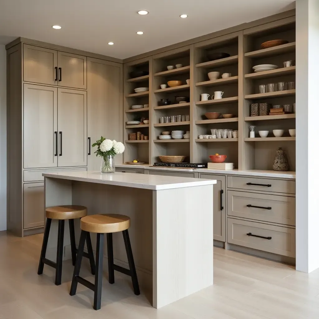 a photo of a pantry featuring an island with additional storage and seating