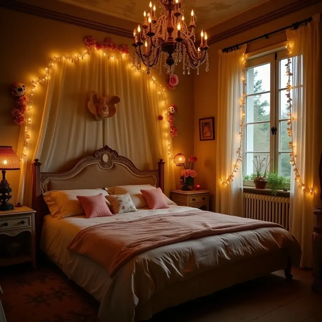 a photo of a whimsical bedroom featuring fairy lights and unique sculptures