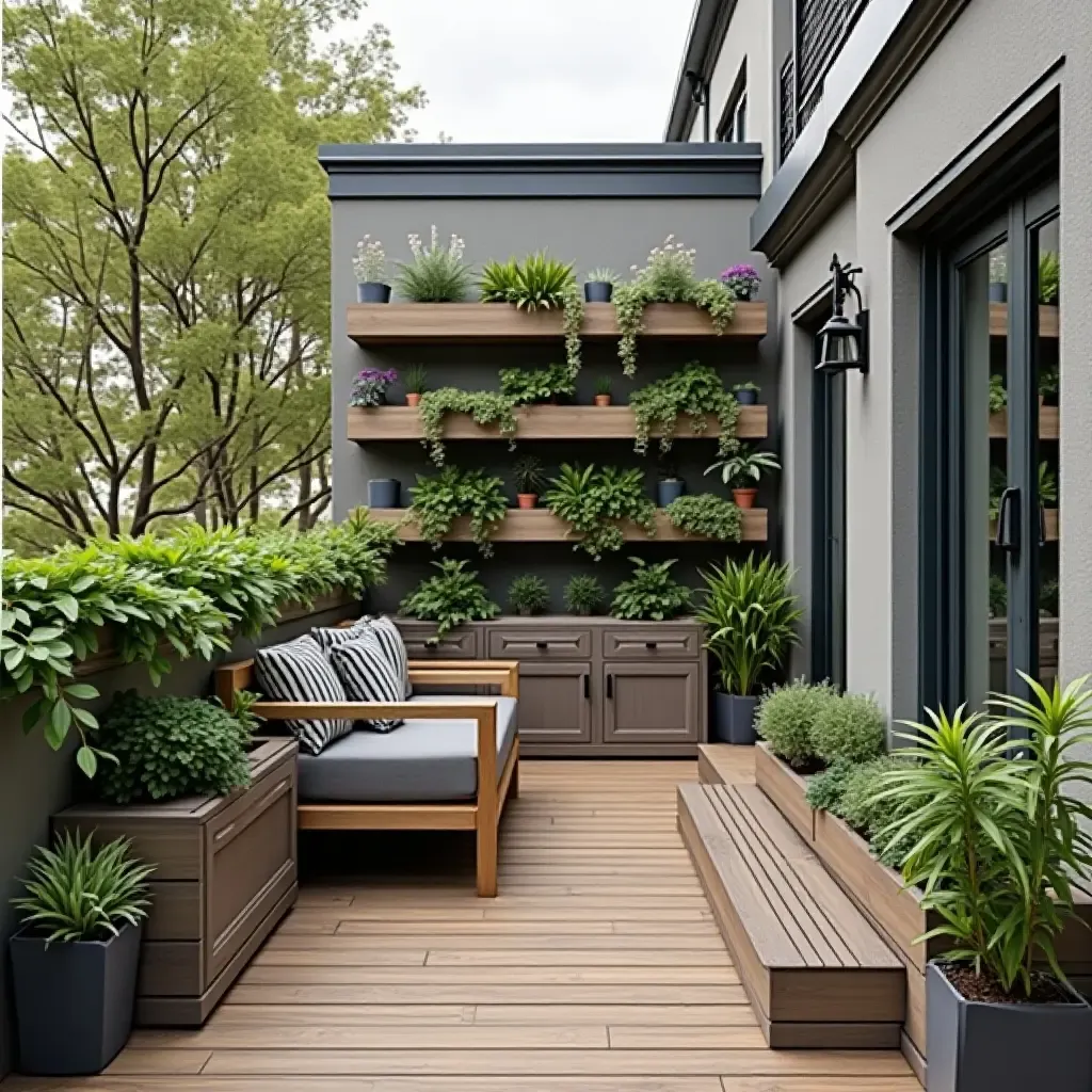 a photo of a stylish balcony with vertical planters and organized storage solutions