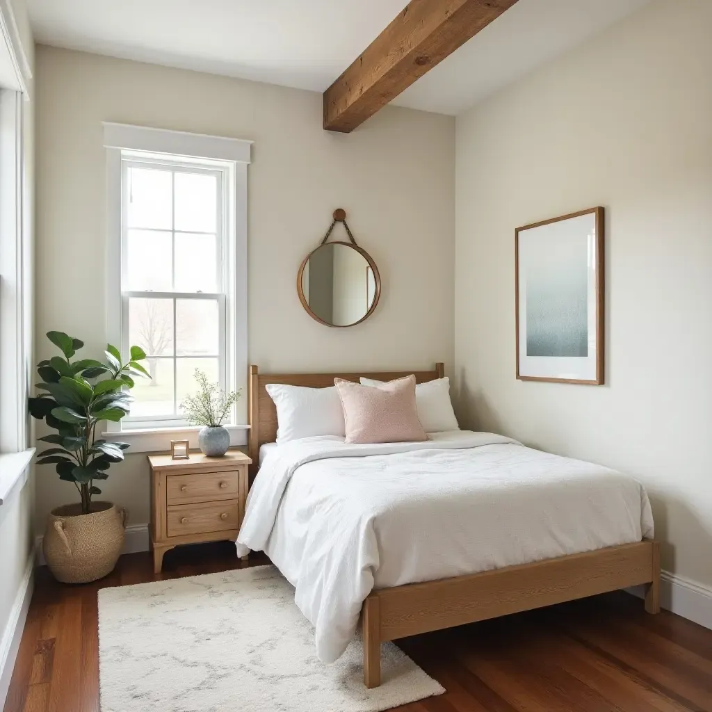 a photo of a farmhouse-inspired teen bedroom with a soft color scheme and natural materials