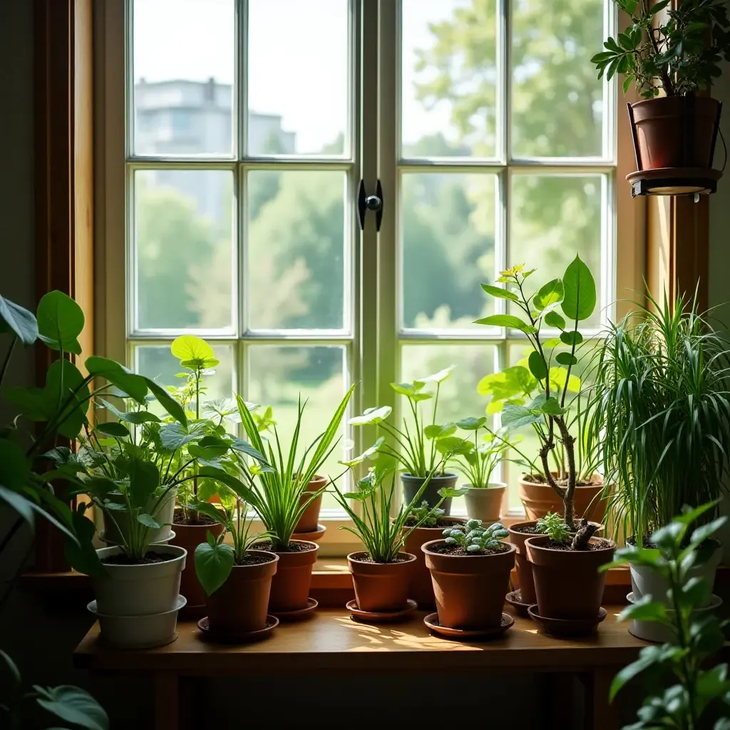 a photo of a nursery with a bright window filled with plants